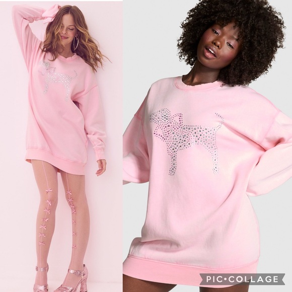PINK Victoria's Secret Tops - PINK Victoria's Secret Light Pink Sweatshirt with Rhinestone Dog